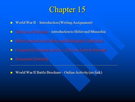 Chapter 15 World War II – Introduction (Writing Assignment) World War II – Introduction (Writing Assignment) The Rise of Dictators – introduction to Hitler.