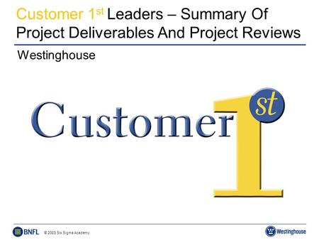 © 2003 Six Sigma Academy Pg 0 Customer 1 st Leaders – Summary Of Project Deliverables And Project Reviews Westinghouse.