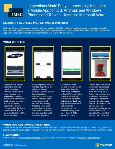 Inspections Made Easy – Introducing Inspector, a Mobile App for iOS, Android, and Windows Phones and Tablets, Hosted in Microsoft Azure MICROSOFT AZURE.