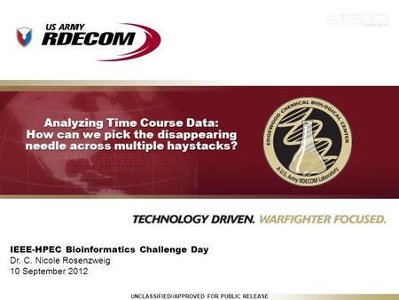 Analyzing Time Course Data: How can we pick the disappearing needle across multiple haystacks? IEEE-HPEC Bioinformatics Challenge Day Dr. C. Nicole Rosenzweig.