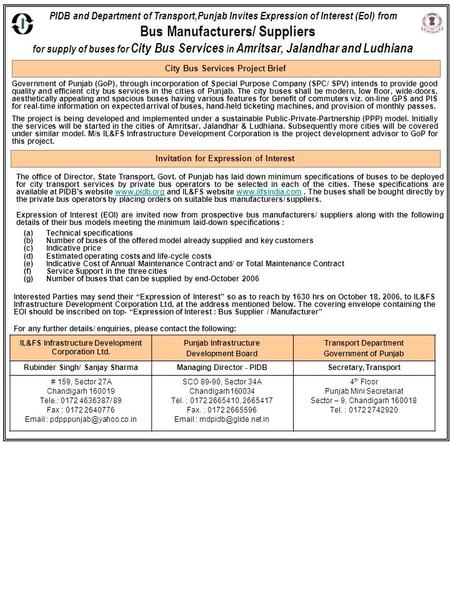 PIDB and Department of Transport,Punjab Invites Expression of Interest (EoI) from Bus Manufacturers/ Suppliers for supply of buses for City Bus Services.