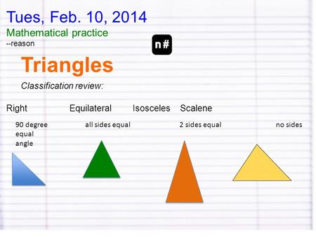 Tues, Feb. 10, 2014 Mathematical practice -- reason Triangles Classification review: RightEquilateralIsoscelesScalene 90 degree all sides equal 2 sides.