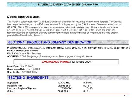 MATERIAL SAFETY DATA SHEET Diffusion Film