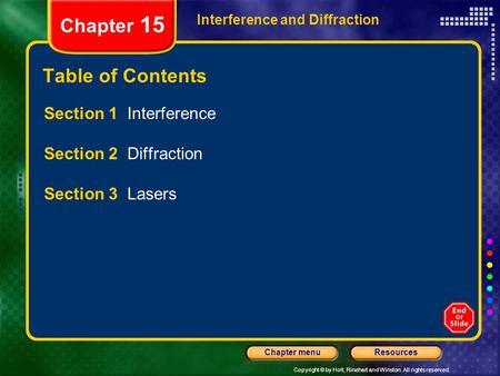 Copyright © by Holt, Rinehart and Winston. All rights reserved. ResourcesChapter menu Interference and Diffraction Chapter 15 Table of Contents Section.