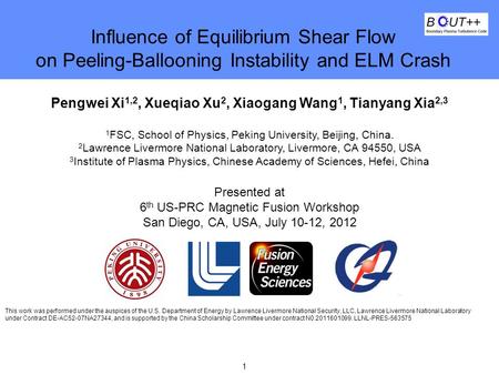 1 Lawrence Livermore National Laboratory Influence of Equilibrium Shear Flow on Peeling-Ballooning Instability and ELM Crash Pengwei Xi 1,2, Xueqiao Xu.