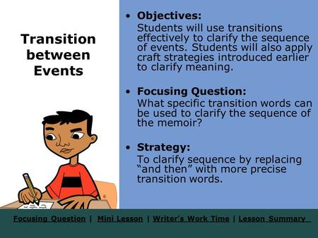 Focusing QuestionFocusing Question | Mini Lesson | Writer’s Work Time | Lesson SummaryMini LessonWriter’s Work TimeLesson Summary Transition between Events.