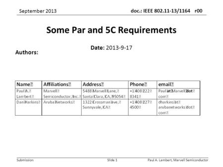 Doc.: IEEE 802.11-13/1164 r00 Submission September 2013 Paul A. Lambert, Marvell SemiconductorSlide 1 Some Par and 5C Requirements Date: 2013-9-17 Authors: