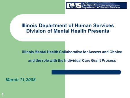 1 Illinois Department of Human Services Division of Mental Health Presents March 11,2008 Illinois Mental Health Collaborative for Access and Choice and.