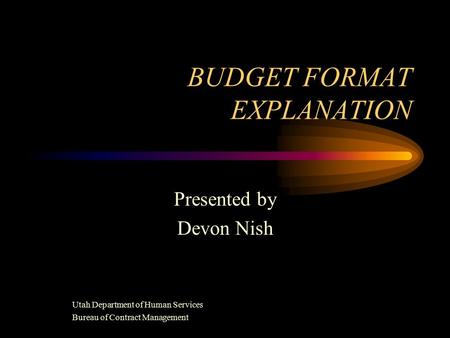 BUDGET FORMAT EXPLANATION Presented by Devon Nish Utah Department of Human Services Bureau of Contract Management.