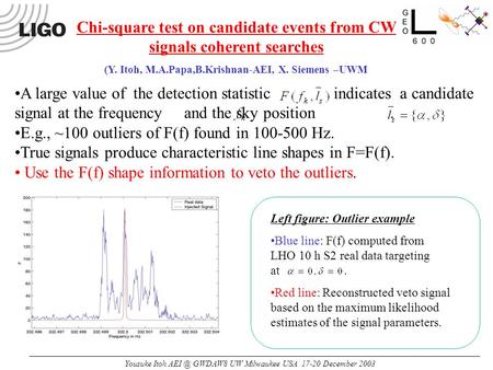 Yousuke Itoh GWDAW8 UW Milwaukee USA 17-20 December 2003 A large value of the detection statistic indicates a candidate signal at the frequency and.