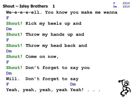 Shout – Isley Brothers 1 We-e-e-e-ell… You know you make me wanna F Shout! Kick my heels up and Dm Shout! Throw my hands up and F Shout! Throw my head.