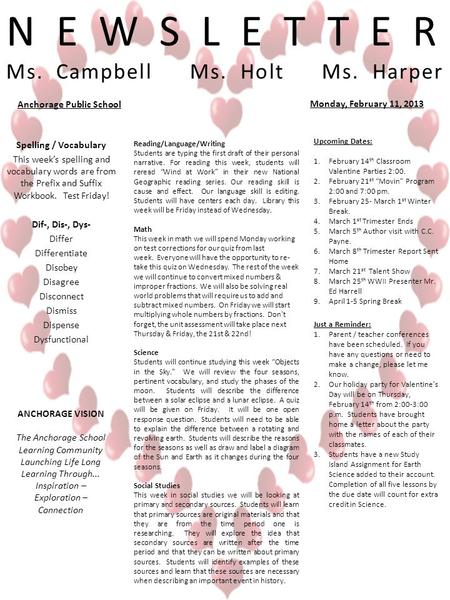 NEWSLETTER Ms. Campbell Ms. Holt Ms. Harper Spelling / Vocabulary This week’s spelling and vocabulary words are from the Prefix and Suffix Workbook. Test.