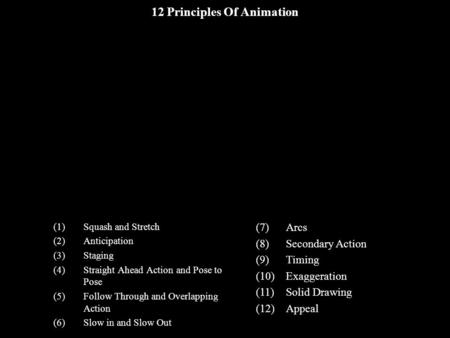 12 Principles Of Animation (1)Squash and Stretch (2)Anticipation (3)Staging (4)Straight Ahead Action and Pose to Pose (5)Follow Through and Overlapping.