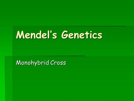 Mendel’s Genetics Monohybrid Cross. Gregor Mendel  As discussed last class, he was an Austrian monk  He worked at St. Thomas Monastery  He studied.