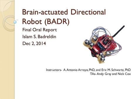 Brain-actuated Directional Robot (BADR) Final Oral Report Islam S. Badreldin Dec 2, 2014 Instructors- A. Antonio Arroyo, PhD, and Eric M. Schwartz, PhD.