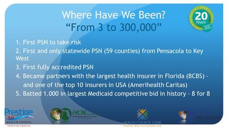 Where Have We Been? “From 3 to 300,000” 1. First PSN to take risk 2. First and only statewide PSN (59 counties) from Pensacola to Key West 3. First fully.