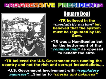 Square Deal TR believed in the “capitalistic system” but believed that the system must be regulated by US Govt. TR was a Hamiltonian but for the betterment.