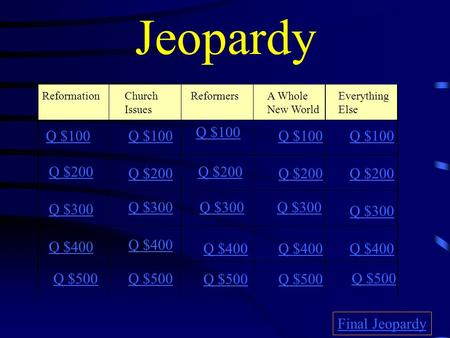 Jeopardy ReformationChurch Issues Reformers A Whole New World Everything Else Q $100 Q $200 Q $300 Q $400 Q $100 Q $200 Q $300 Q $400 Final Jeopardy Q.