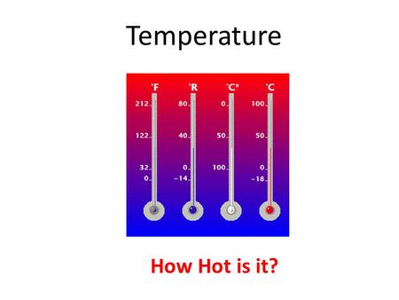 Temperature How Hot is it?. Temperature Temperature is a measure of the average kinetic energy of a molecule of a substance, or… How “hot” it is. On Temperature.