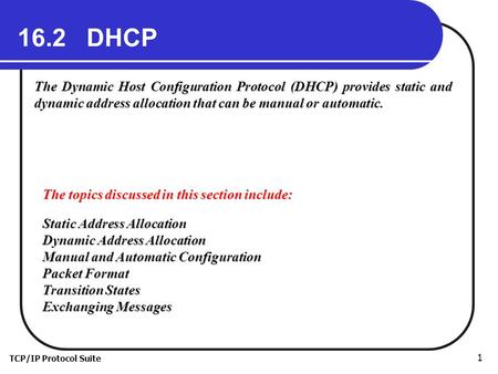 TCP/IP Protocol Suite 1 16.2 DHCP The Dynamic Host Configuration Protocol (DHCP) provides static and dynamic address allocation that can be manual or automatic.