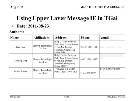 Doc.: IEEE 802.11-11/01047r2 Submission NameAffiliationsAddressPhoneemail Ping Fang Huawei Technologies Co., Ltd. Bldg 7, Vision Software Park, Road Gaoxin.