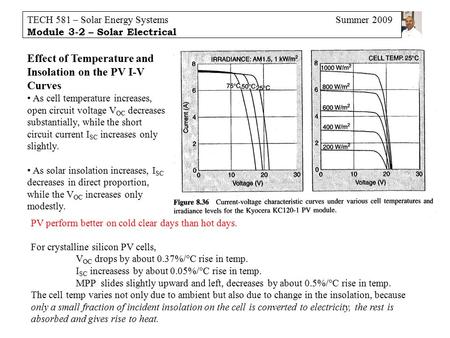 TECH 581 – Solar Energy Systems Summer 2009 Module 3-2 – Solar Electrical Effect of Temperature and Insolation on the PV I-V Curves As cell temperature.