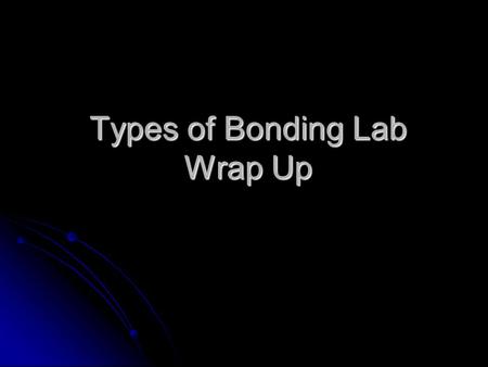 Types of Bonding Lab Wrap Up. What Do The Formulas Mean? Describe what elements make up the compound Describe what elements make up the compound Also.