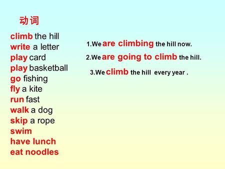 Climb the hill write a letter play card play basketball go fishing fly a kite run fast walk a dog skip a rope swim have lunch eat noodles 动词 1.We are climbing.