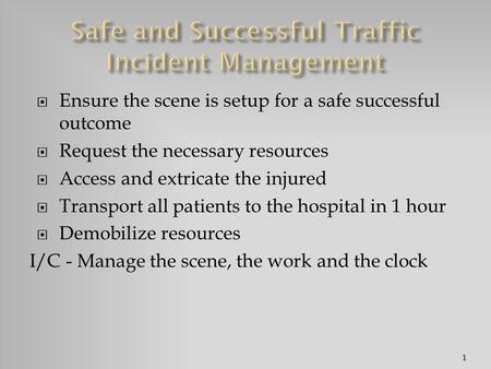  Ensure the scene is setup for a safe successful outcome  Request the necessary resources  Access and extricate the injured  Transport all patients.