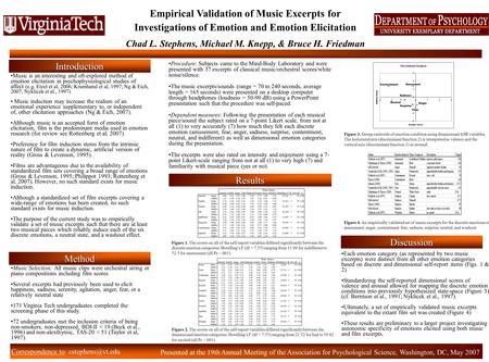 Chad L. Stephens, Michael M. Knepp, & Bruce H. Friedman Correspondence to: Empirical Validation of Music Excerpts for Investigations of.