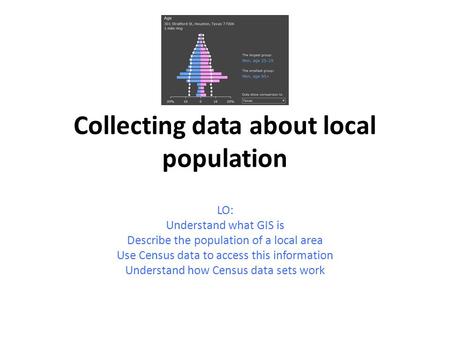 Collecting data about local population LO: Understand what GIS is Describe the population of a local area Use Census data to access this information Understand.