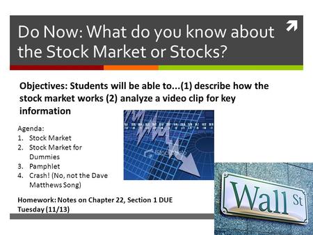  Do Now: What do you know about the Stock Market or Stocks? Objectives: Students will be able to...(1) describe how the stock market works (2) analyze.