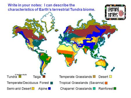 TundraTaigaTemperate GrasslandsDesert Temperate/Deciduous ForestTropical Grasslands (Savanna) Semi-arid Desert Alpine Chaparrel GrasslandsRainforest Write.