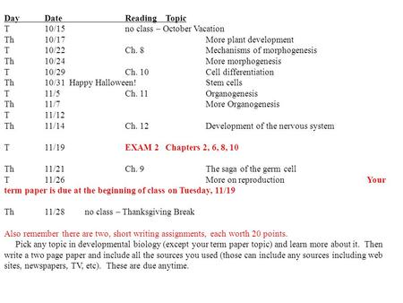 Day DateReadingTopic T10/15no class – October Vacation Th10/17More plant development T10/22Ch. 8Mechanisms of morphogenesis Th10/24More morphogenesis T10/29Ch.