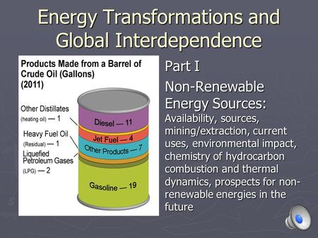 Energy Transformations and Global Interdependence Part I Non-Renewable Energy Sources: Availability, sources, mining/extraction, current uses, environmental.