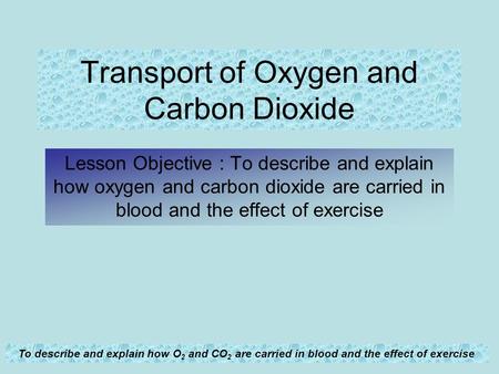 To describe and explain how O 2 and CO 2 are carried in blood and the effect of exercise Transport of Oxygen and Carbon Dioxide Lesson Objective : To describe.