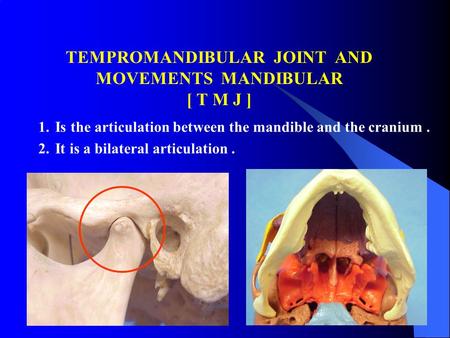 TEMPROMANDIBULAR JOINT AND MOVEMENTS MANDIBULAR [ T M J ] 1.Is the articulation between the mandible and the cranium. 2.It is a bilateral articulation.