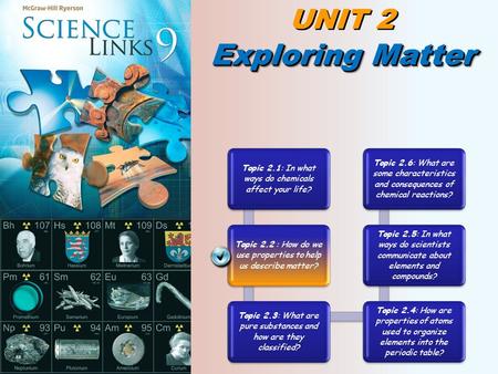 UNIT 2 Exploring Matter Topic 2.1: In what ways do chemicals affect your life? Topic 2.2 : How do we use properties to help us describe matter? Topic 2.3: