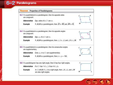 Concept 1. Concept 2 Example 1A Use Properties of Parallelograms A. CONSTRUCTION In suppose m  B = 32, CD = 80 inches, BC = 15 inches. Find AD.