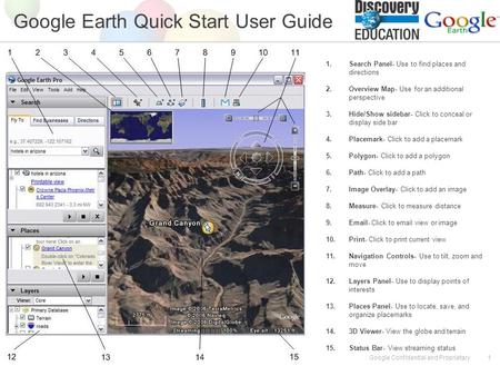 Google Confidential and Proprietary1 Google Earth Quick Start User Guide 1.Search Panel- Use to find places and directions 2.Overview Map- Use for an additional.