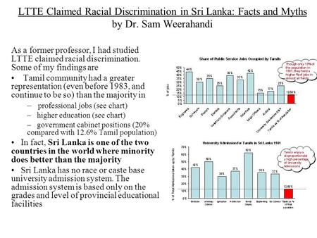 LTTE Claimed Racial Discrimination in Sri Lanka: Facts and Myths by Dr. Sam Weerahandi As a former professor, I had studied LTTE claimed racial discrimination.