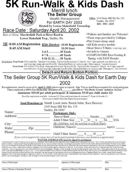 Merrill lynch The Seiler Group Wealth Management For EARTH DAY 2002 Hosted by Lower Makefield Township 5K Run-Walk & Kids Dash Race Date : Saturday April.