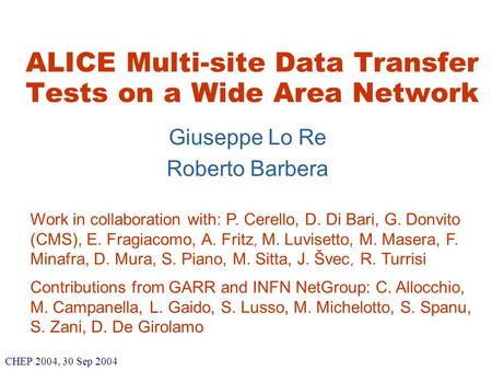 Roberto Barbera Prague, 12.12.2002 ALICE Multi-site Data Transfer Tests on a Wide Area Network Giuseppe Lo Re Roberto Barbera Work in collaboration with: