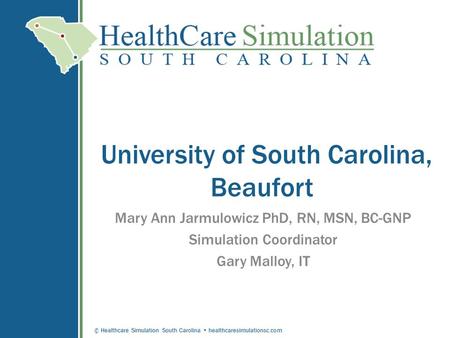 © Healthcare Simulation South Carolina healthcaresimulationsc.com University of South Carolina, Beaufort Mary Ann Jarmulowicz PhD, RN, MSN, BC-GNP Simulation.