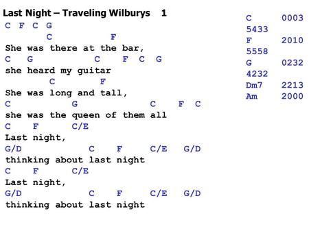 Last Night – Traveling Wilburys 1 CFCG C F She was there at the bar, C G C F C G she heard my guitar C F She was long and tall, C G C F C she was the queen.