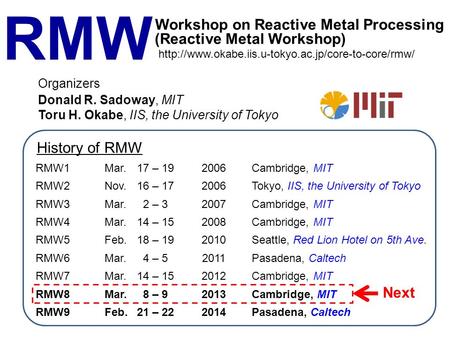 RMW (Reactive Metal Workshop) Workshop on Reactive Metal Processing RMW1Mar.17 – 192006Cambridge, MIT RMW2Nov.16 – 172006Tokyo, IIS, the University of.