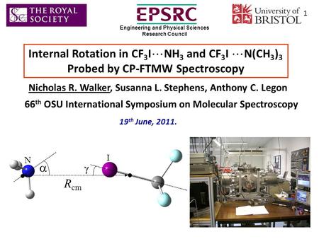 Internal Rotation in CF 3 I  NH 3 and CF 3 I  N(CH 3 ) 3 Probed by CP-FTMW Spectroscopy Nicholas R. Walker, Susanna L. Stephens, Anthony C. Legon 66.