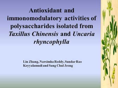 Antioxidant and immonomodulatory activities of polysaccharides isolated from Taxillus Chinensis and Uncaria rhyncophylla Lin Zhang, Narsimha Reddy, Sundar.