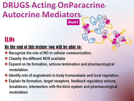 By the end of this lecture you will be able to: Recognize the role of NO in cellular communication. Classify the different NOS available Expand on its.