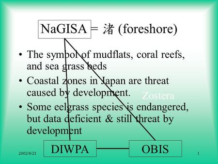 2002/6/211 NaGISA = 渚 (foreshore) The symbol of mudflats, coral reefs, and sea grass beds Coastal zones in Japan are threat caused by development. Some.